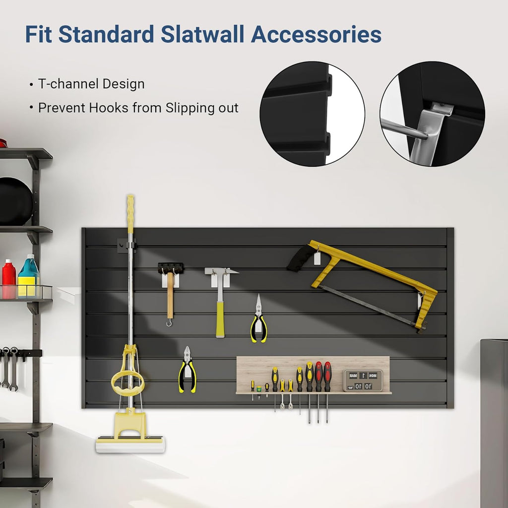 4FT x 2FT Black PVC Slatwall Panel, Modern Wall-Mounted Garage Storage System, 1 Shelf, 75 lbs Weight Capacity