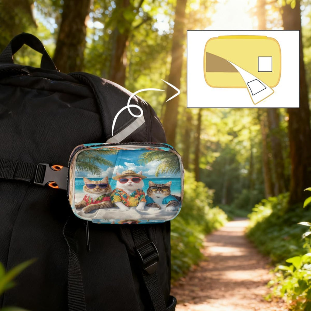 Cool Cats Summer Beach Pill Organizer Travel Medicine Case with Zipper Daily Vitamin Storage Bag Portable 8 Slot Weekly Pill Box Supplement Holder for Home Office Gym Travel