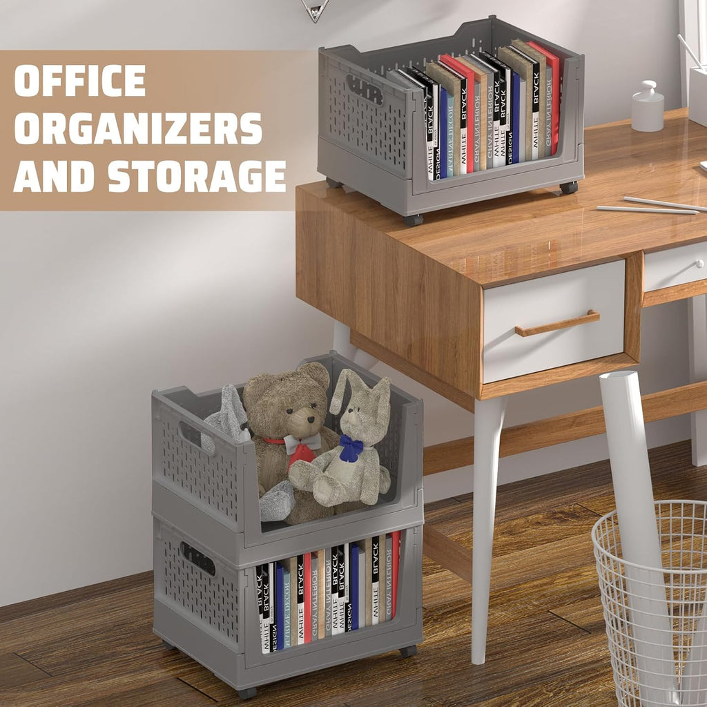 Stackable Plastic Storage Bins, 3 Pack Foldable Closet Organizers and Storage Basket with Wheels, Collapsible Drawer Shelf Storage Box Container for Office Bedroom Closet Wardrobe Kitchen Bathroom