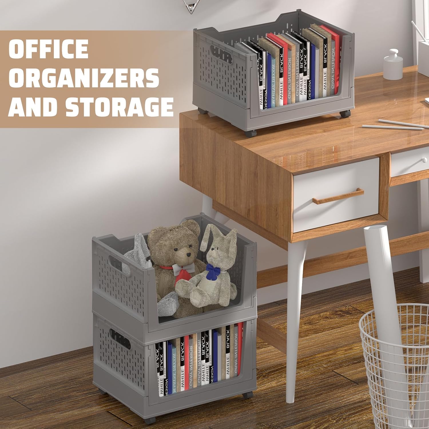 Stackable Plastic Storage Bins, 3 Pack Foldable Closet Organizers and Storage Basket with Wheels, Collapsible Drawer Shelf Storage Box Container for Office Bedroom Closet Wardrobe Kitchen Bathroom