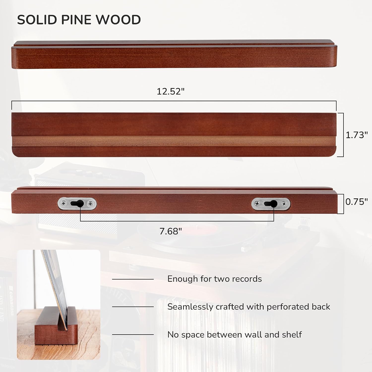 Axeman Wood Vinyl Record Shelf Wall Mount, Floating Shelves for LPs, CD, Album Holder Wall Display, Elegant Wooden Ledge for Vinyl Record Storage, Vintage Home Decor - 8 Pack, Brown