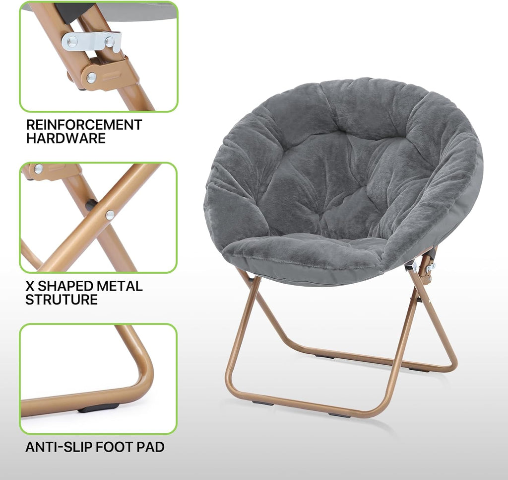 Magshion Folding Saucer Chair for Adults with Ottoman, Circle Reading Chair for Bedroom, Living Room & Dorm, Furry Comfy Accent Seat with Metal Leg & Thick Padded for Small Spaces (Grey, 2 Pack)