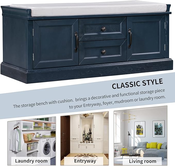 42″ Storage Bench with 2 Drawers and 2 Cabinets，Multipurpose Entryway Shoe Rack W/Removable Cushion，for Living Room Hallway Porch,Antique Navy