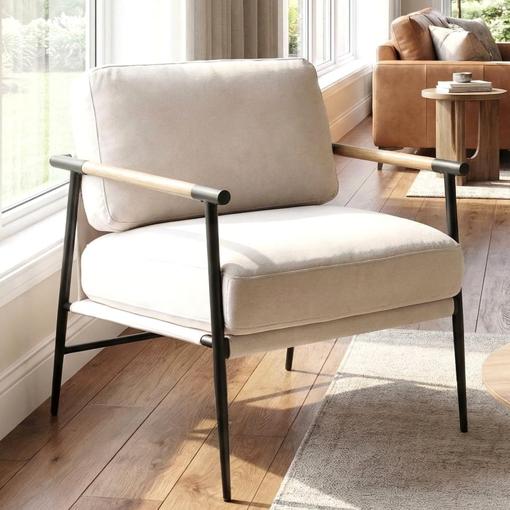 DUOMAY Beige Modern Accent Chair Chenille Upholstered Lounge Bedroom Chair with Metal Legs Comfy Lightweight Living Room Chair Armchair for Home Reading