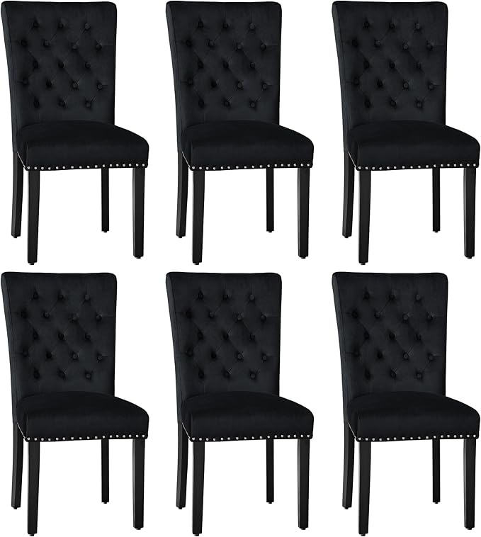 Velvet Dining Kitchen Chair Set of 6, Parsons Upholstered Dining Room Chair, Wood Accent Chair with Nailed Trim, Black