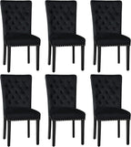 Velvet Dining Kitchen Chair Set of 6, Parsons Upholstered Dining Room Chair, Wood Accent Chair with Nailed Trim, Black