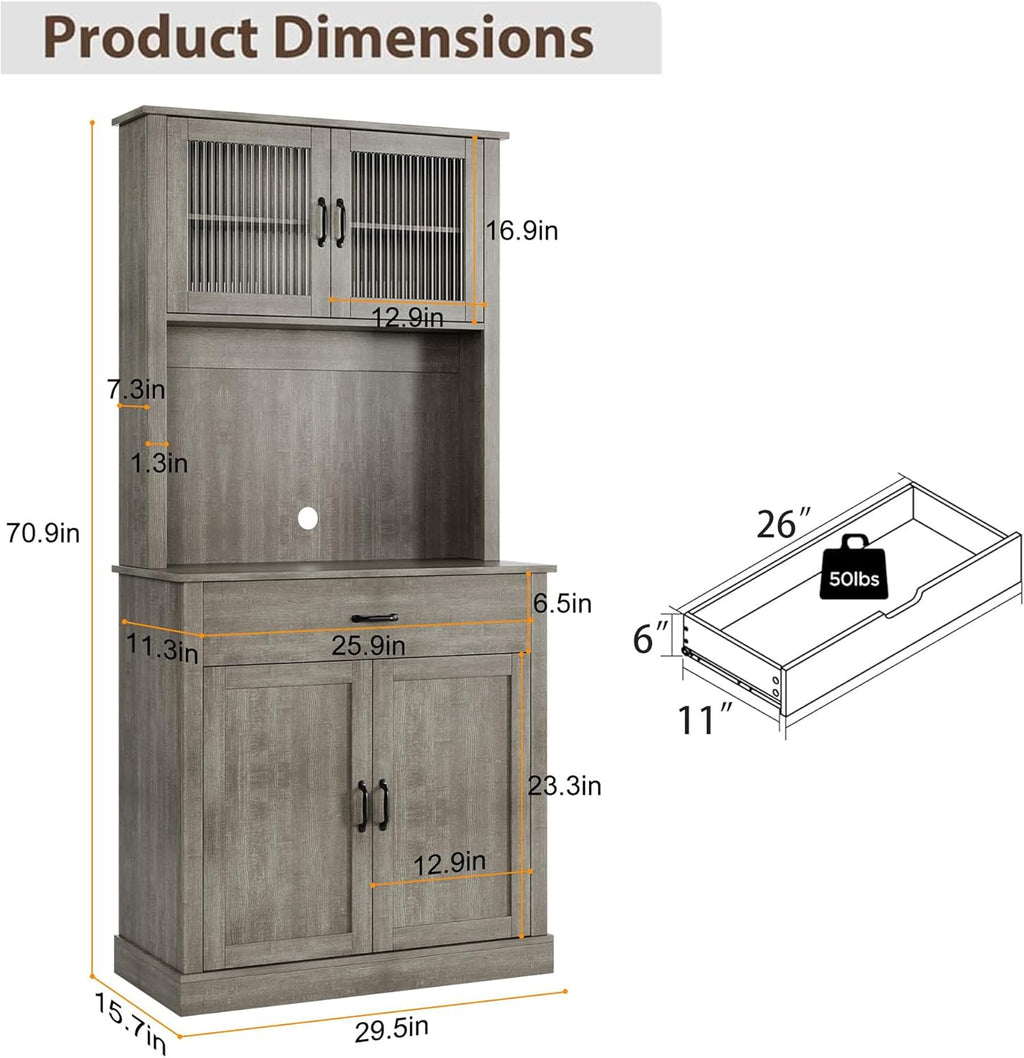 71” Kitchen Pantry Storage Cabinet with Glass Doors and Microwave Stand, Freestanding Tall Kitchen Cabinet with Adjustable Shelves for Dining Room, Grey