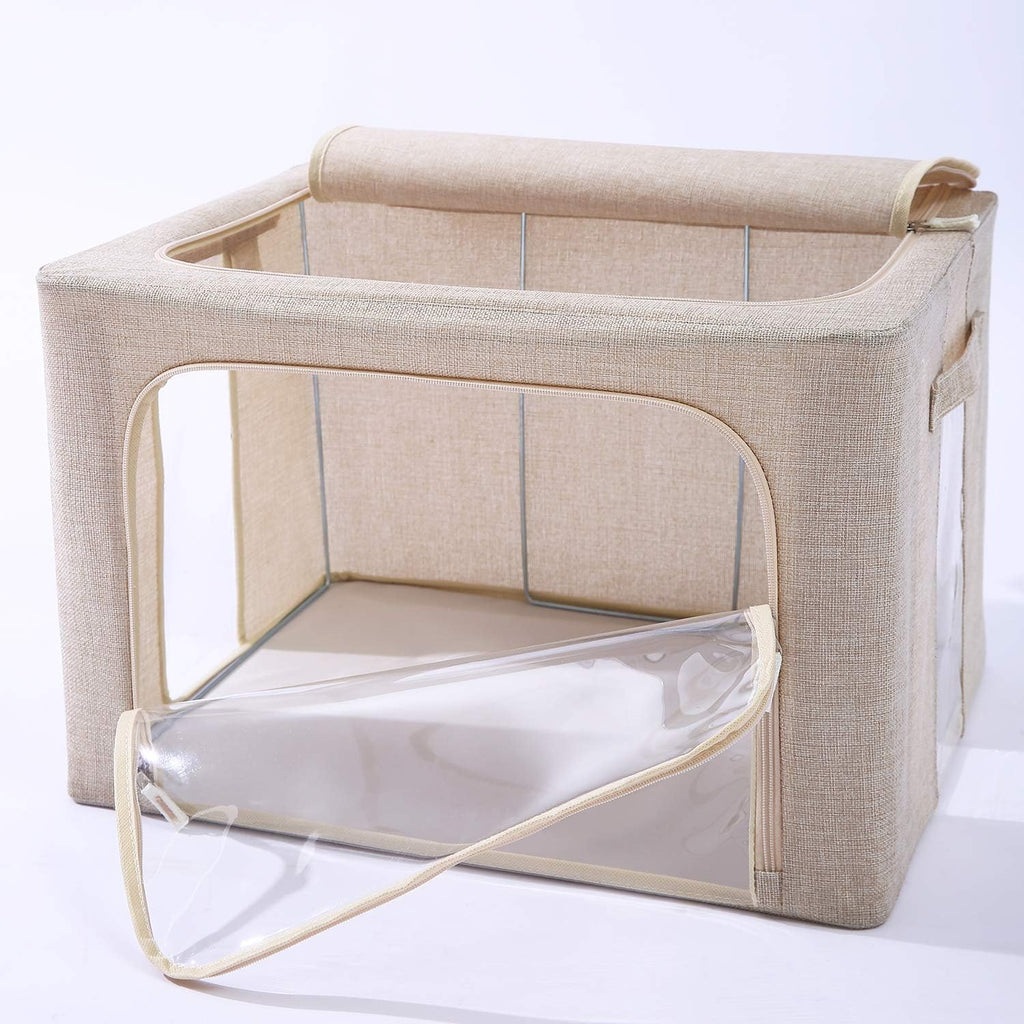 CYhom 3Pack Foldable Storage Bins - Frame Storage Box Linen Fabric Stackable Clothes Container Organizer with Clear Window & Carry Handles Large Capacity (Large-66L, Beige)
