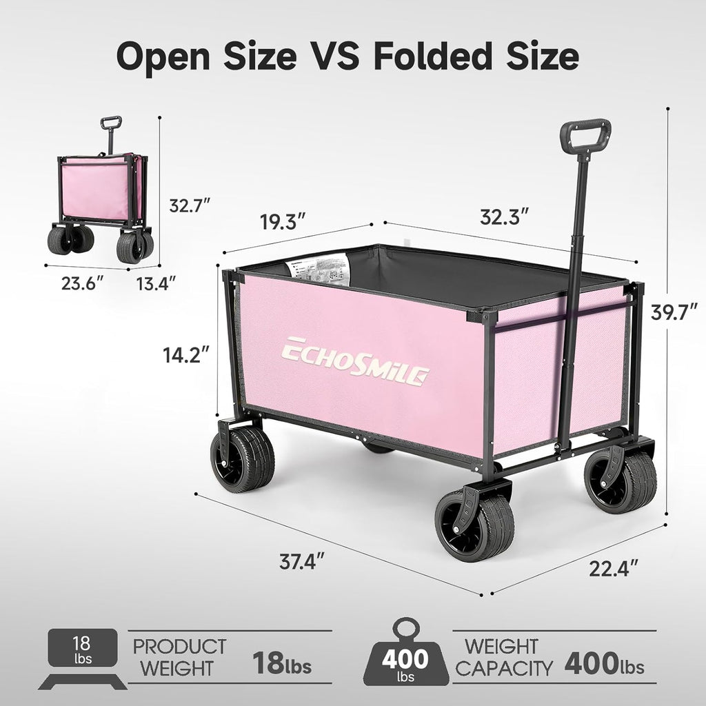 EchoSmile Collapsible Wagon Cart for Camping & Beach - Heavy Duty 400lbs Capacity All-Terrain Cart with Wide Wheels, Portable Folding Utility Wagon for Grocery, Garden, Sports,Pink&Gray