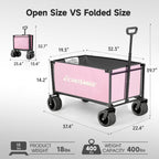 EchoSmile Collapsible Wagon Cart for Camping & Beach - Heavy Duty 400lbs Capacity All-Terrain Cart with Wide Wheels, Portable Folding Utility Wagon for Grocery, Garden, Sports,Pink&Gray