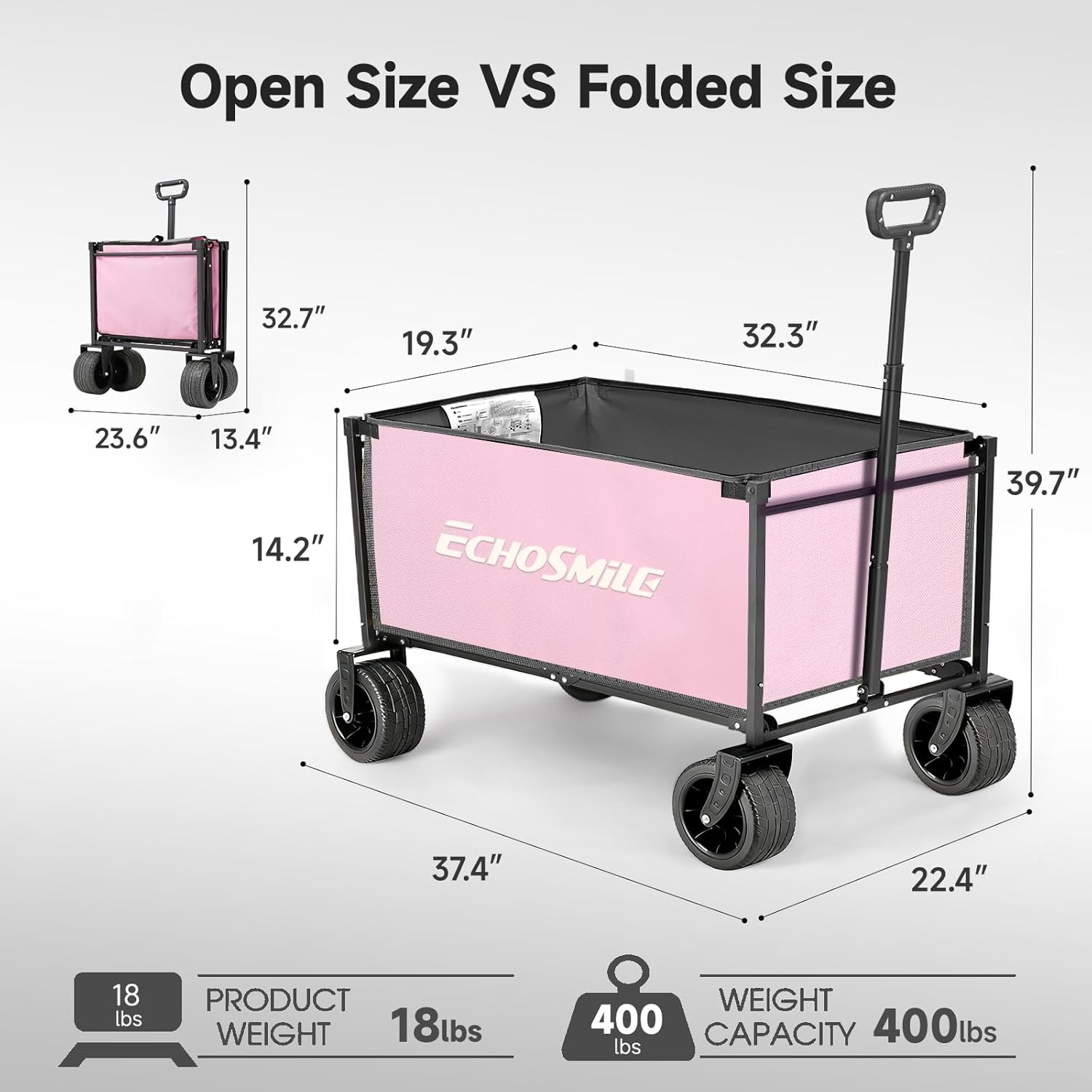 EchoSmile Collapsible Wagon Cart for Camping & Beach - Heavy Duty 400lbs Capacity All-Terrain Cart with Wide Wheels, Portable Folding Utility Wagon for Grocery, Garden, Sports,Pink&Gray