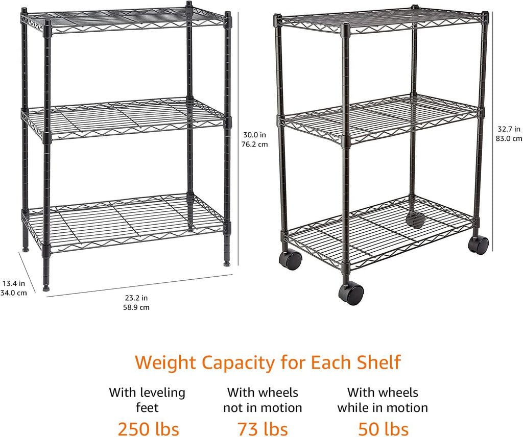 Amazon Basics 3-Shelf Adjustable, Heavy Duty Storage Shelving Unit on 2'' PP Plastic Wheel Casters, Metal Organizer Wire Rack, 23.2" L x 13.4" W x 32.75" H, Black