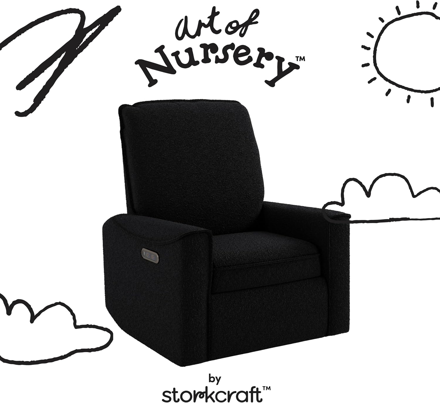 Storkcraft Santos Deluxe Power Recliner Swivel Glider, Black Boucle | Premium Electronic Power Recliner for Nursery, Includes Dual-USB Charging Port with USB-A & USB-C, Glider Rocking Chair