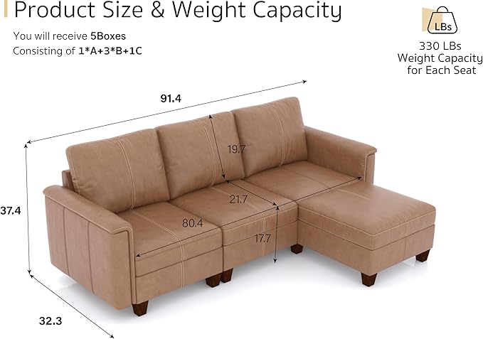SITJOY 91" Faux Leather Modular Sectional Sofa with Storage, Mid Century Modern Sectional Couches for Living Room, Soft Padded Armrests, 3 Seater L-Shaped Couch with Ottoman, Brown