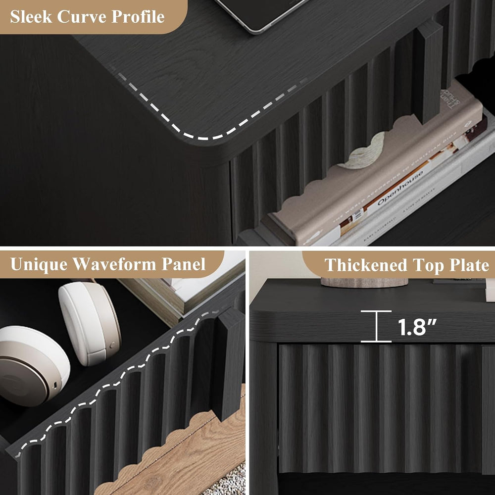 Fluted Nightstand with Charging Station, 23.6" End Table with Solid Wood...