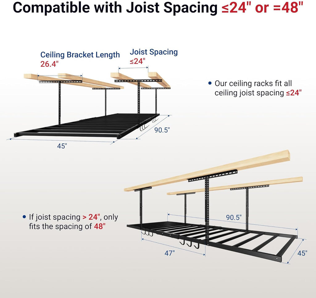 FLEXIMOUNTS 4x8 Overhead Garage Storage Rack with 6 Hooks, Adjustable Storage Organization System, Heavy-Duty Metal Ceiling Racks, 22.6" -39.4" Ceiling Dropdown, Black, Lite Series