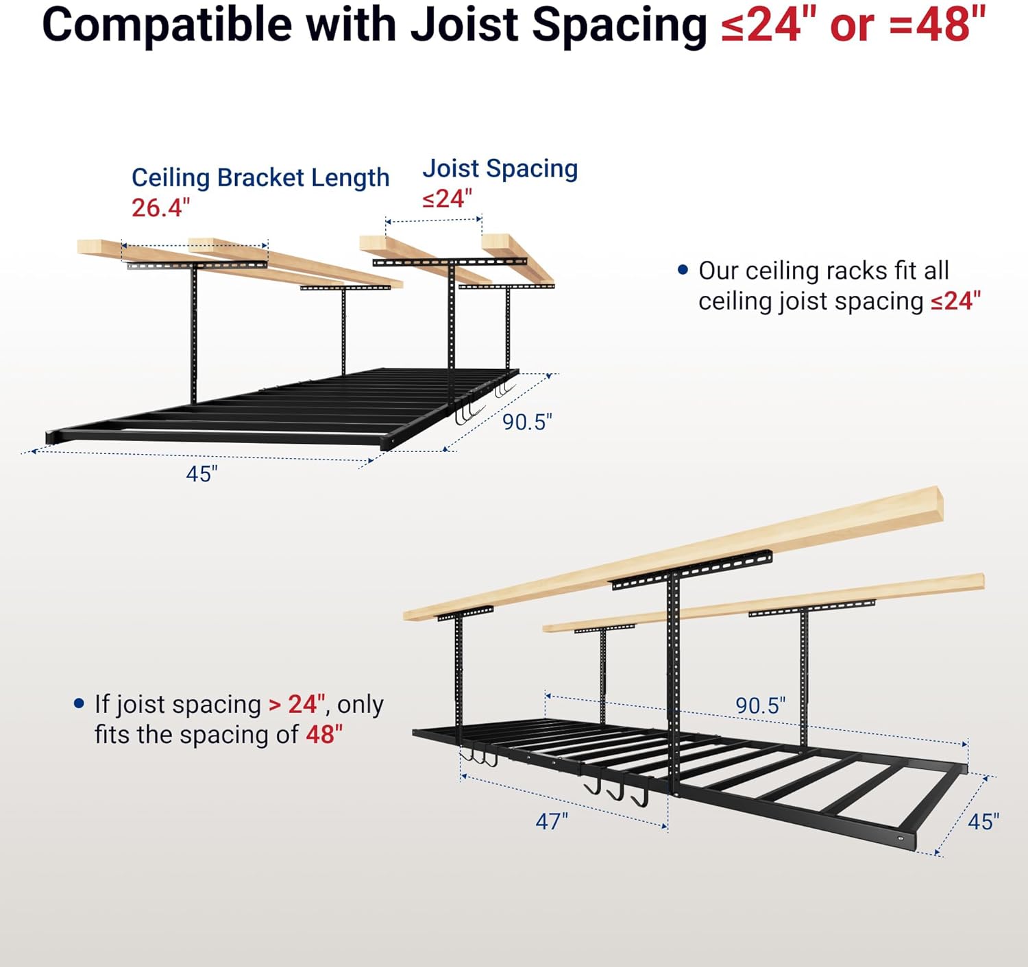 FLEXIMOUNTS 4x8 Overhead Garage Storage Rack with 6 Hooks, Adjustable Storage Organization System, Heavy-Duty Metal Ceiling Racks, 22.6" -39.4" Ceiling Dropdown, Black, Lite Series