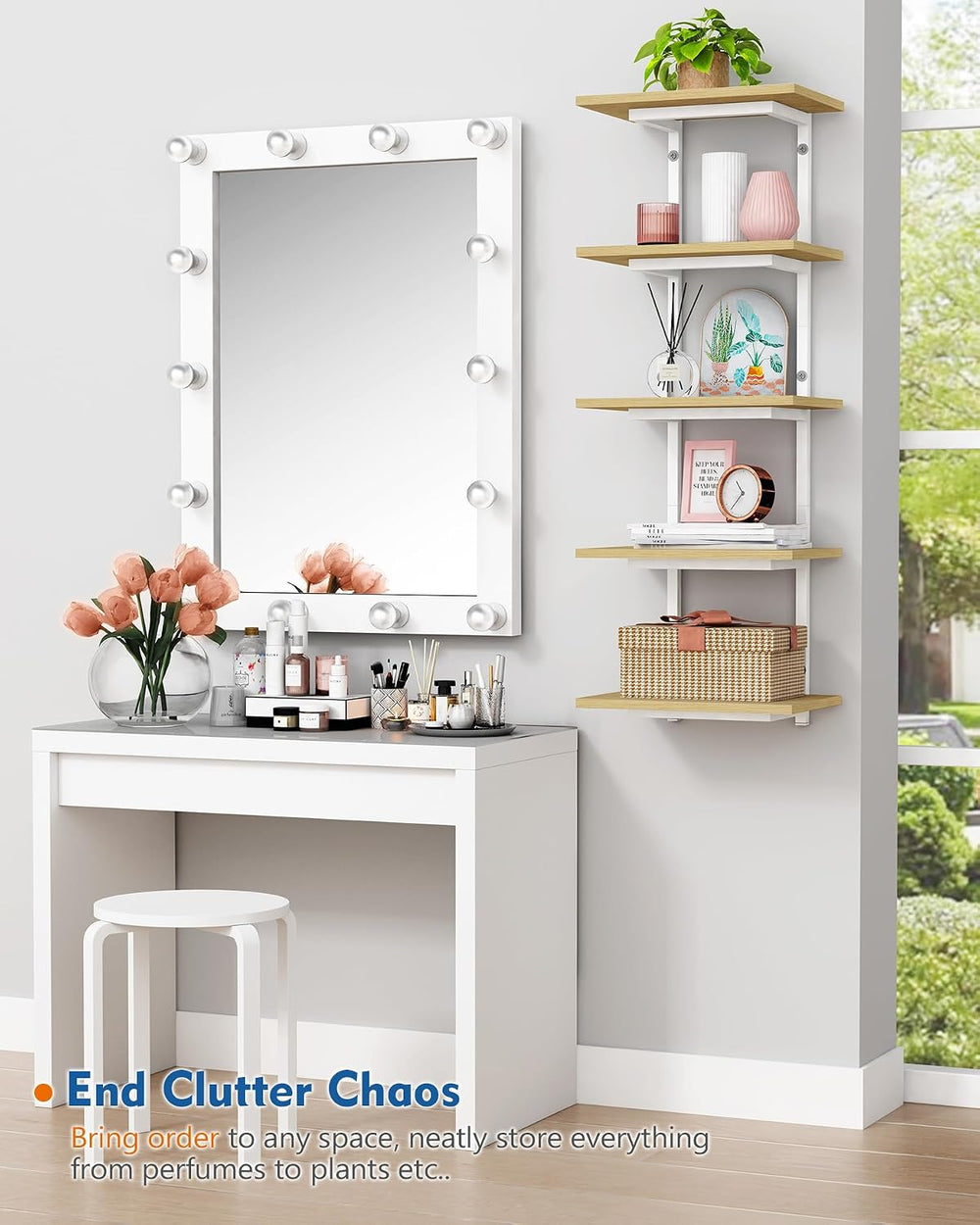 Harwaya White and Natural Tiered Wall Shelf Unit, 5 Tier Display Floating She...
