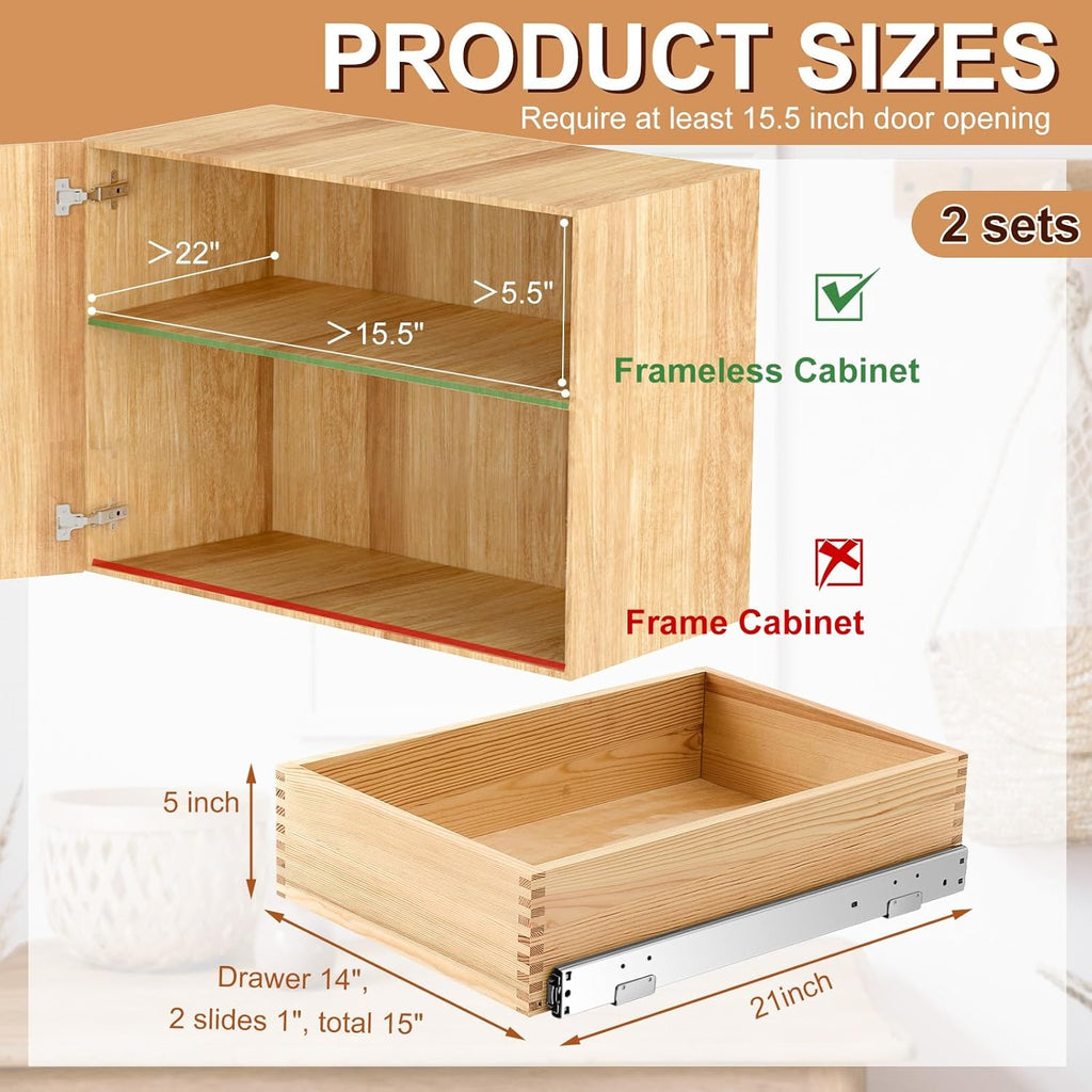 Menkxi 2 Set Pull out Tray Cabinet Organizer Wooden Pull Drawers storage Slide out Pantry Shelf for Base Cabinet Kitchen Gentle Close Fully Assembled Accessories(Wood Color,15'' X 21'' X 5'')