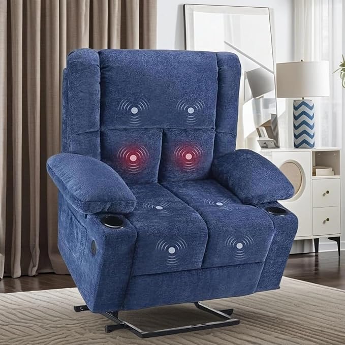 Electric Power Lift Recliner Chair, Oversized Reclining Chair with 8 Massage,Recliner Single Sofa with 2 Cup Holders,Side Pockets,USB Charge Port,Remote Control for Living Room,Bedroom,Blue