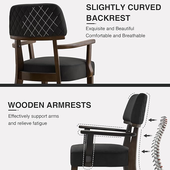 Velvet Dining Chairs with Arms Set of 4, Upholstered Dining Room Chairs with Hardwood Legs & Open Curved Backrest,Modern Accent Kitchen Chairs 350 LBS Capacity, Black