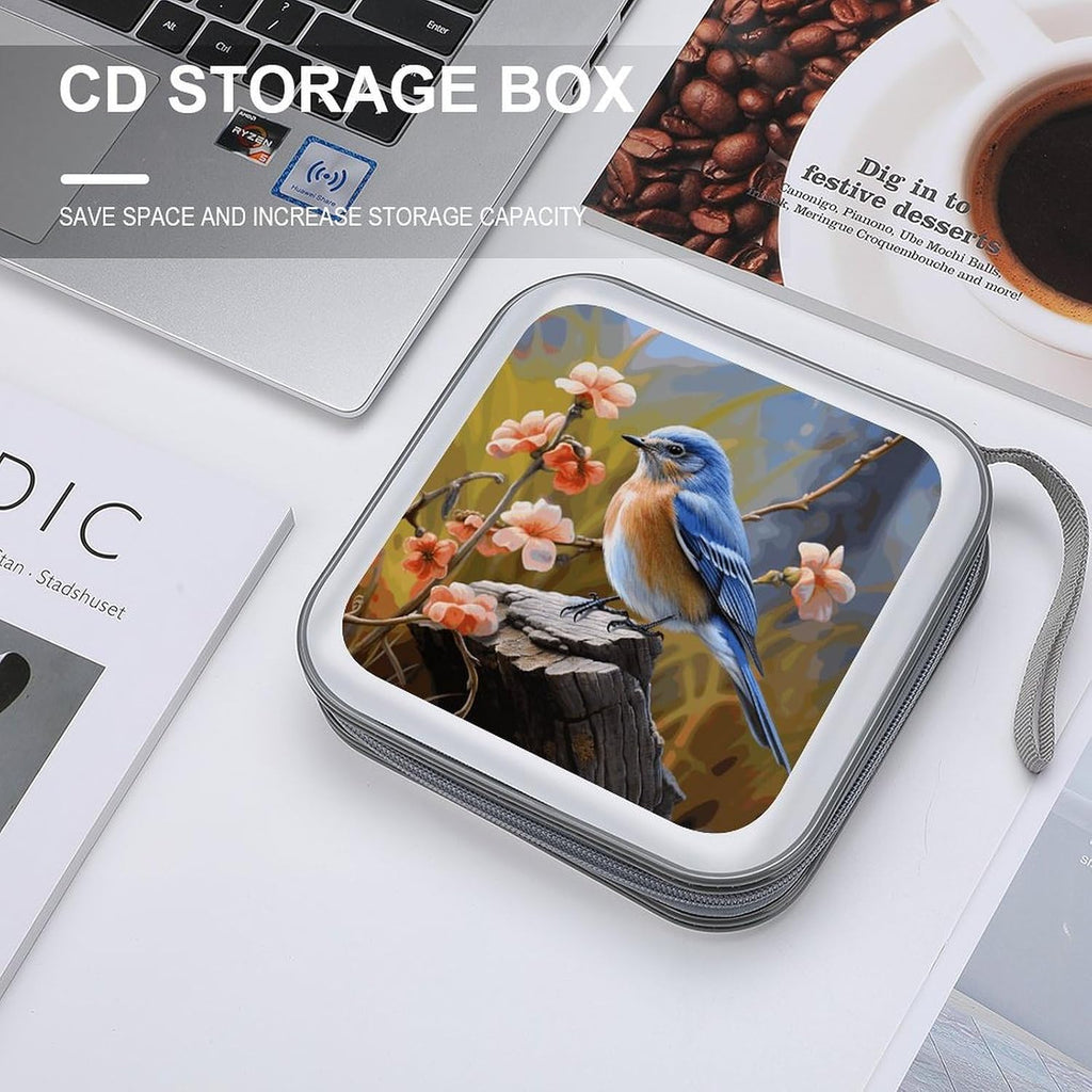 Eastern Bluebird DVD Case, 40 Capacity CD Case Holder with Zippers, Portable CD Holder Hard Plastic Disc Cases Personalized DVD Wallet Organizer for Car Home Travel