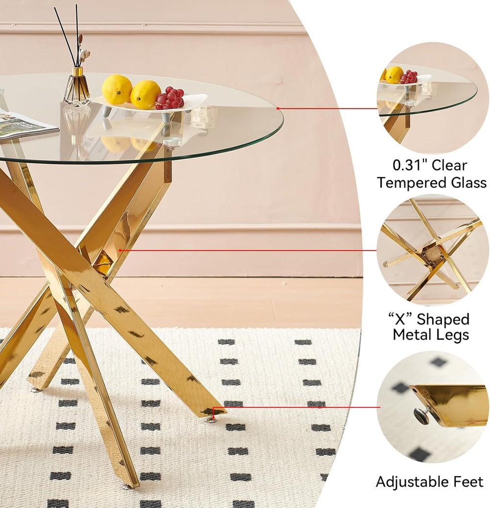 5-Piece Dining Room Table Set, Modern 36" Round Gold Glass Dining Table ...