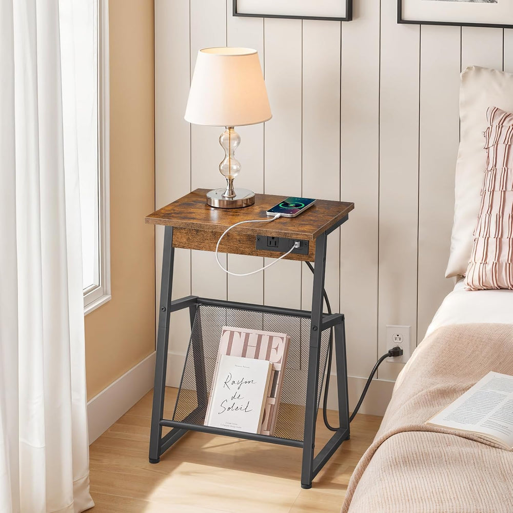 HOOBRO Side Table with Charging Station, Small End Table with Magazine Storag...