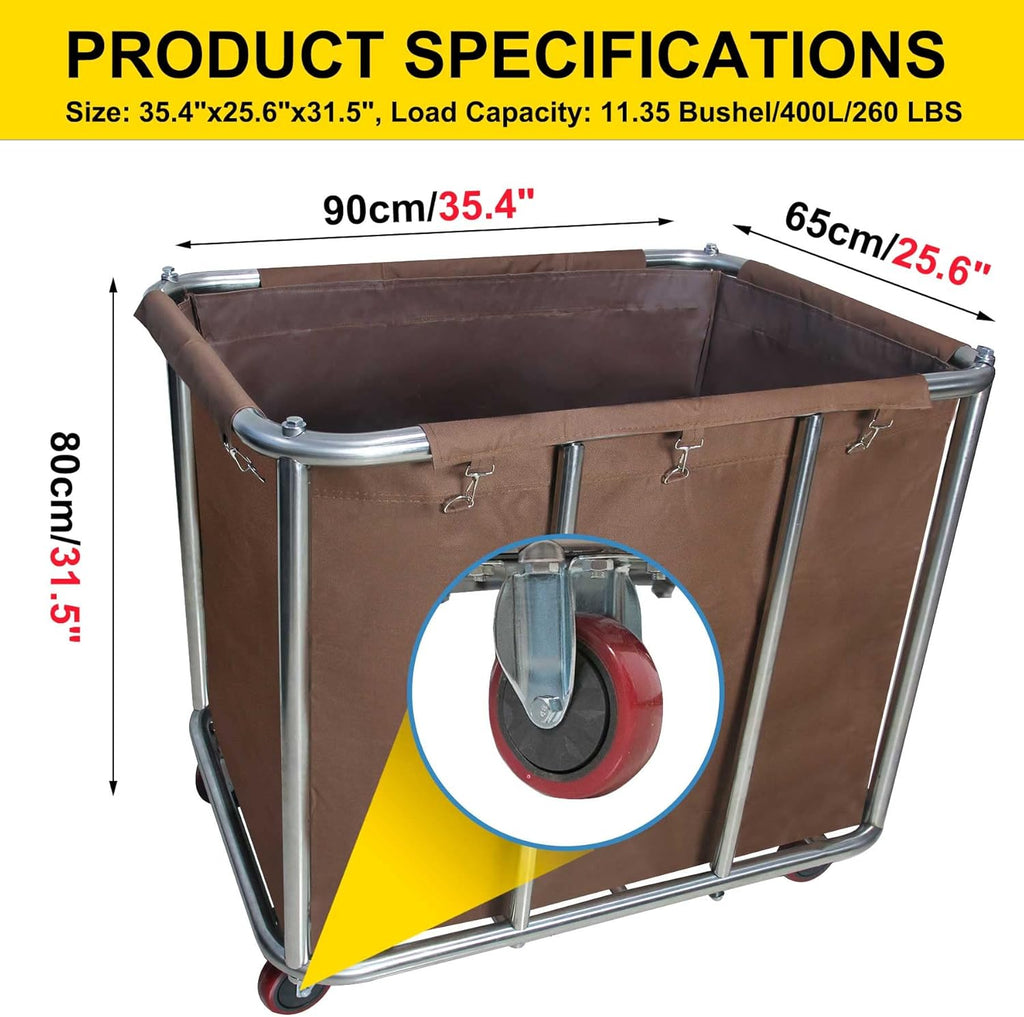 Commercial Laundry Cart with Wheels, Large Industrial Rolling Laundry Basket,Stainless Steel Heavy Duty Commercial Laundry Hamper with Waterproof Lning,Utility Cart, 260 LBS Load,11.35 Bushel