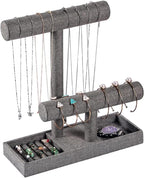 Coward 2 Tier Necklace Bracelet Holder Organizer with Ring Tray, Linen Jewelry Display Stand for Watch Scrunchie Lipstick, Perfumes,Nail polish (Gray Linen)