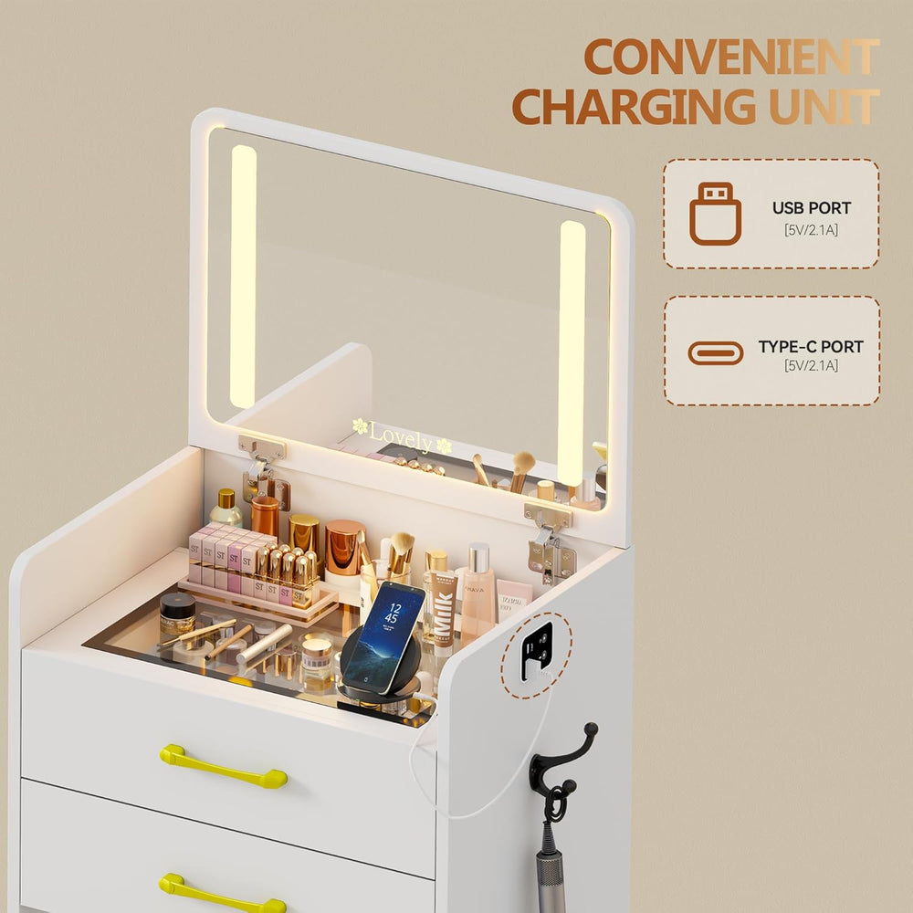 Small Makeup Vanity Desk with Flip up Mirror and Lights(White) | 3 in 1 Vanit...