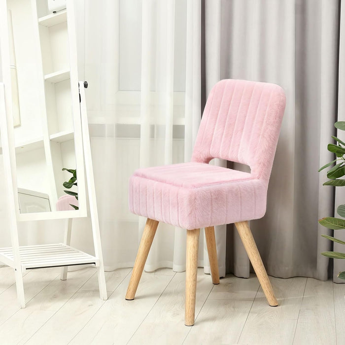 Vanity Stool Chair with Storage & Folding Back, Faux Rabbit Fur Soft Padded Seat Ottoman, 4 Solid Wood Legs Anti-Slip Feet, Small Stool for Vanity Desk for Makeuproom, Bedroom 15.7”x12.5”x28.7”（Pink）