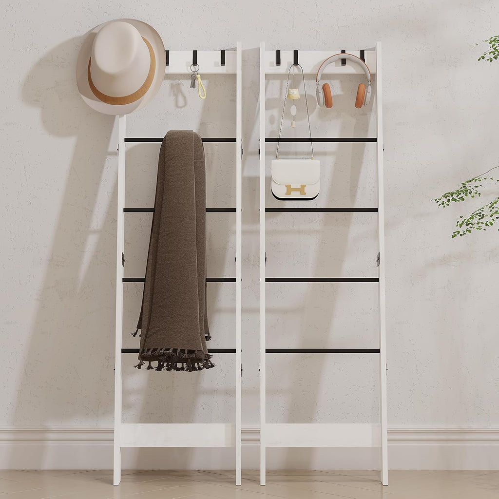 TRIFEBLE 6 Tier Blanket Ladder Shelf for Living Room and Bedroom, Ladder Holder with 4 Metal Hooks, 5.2ft Blanket Quilt Holder Rack, Farmhouse Ladder Rack for Storage and Home Decor, White
