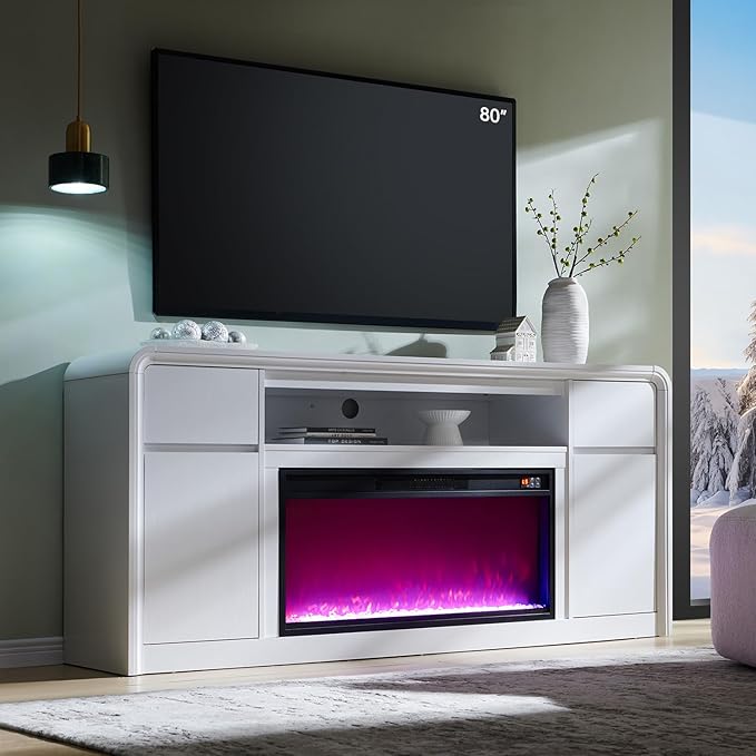 Modern Fireplace TV Stand with 36" LED Electric Fireplace for 80 inch TVs, 32" Tall Entertainment Center w/Drawers &Adjustable Shelves, Wood Media Console w/Curved Profile Design for Living Room,White