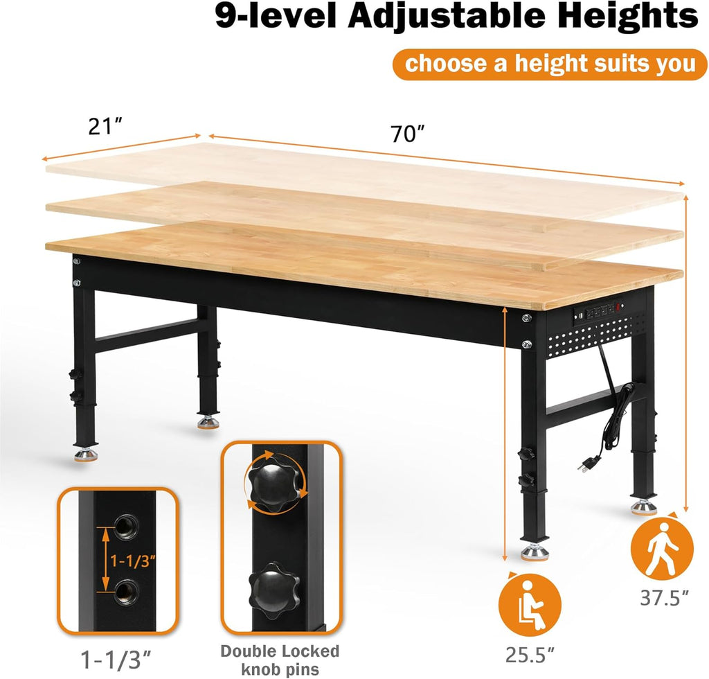 Betterhood 70" Adjustable Height Workbench, 2000 LBS Heavy Duty Work Table with Power Outlets & Pegboard, Rubber Wood Workstation for Garage, Workshop, Office, Home, Commercial