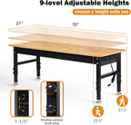 Betterhood 70" Adjustable Height Workbench, 2000 LBS Heavy Duty Work Table with Power Outlets & Pegboard, Rubber Wood Workstation for Garage, Workshop, Office, Home, Commercial