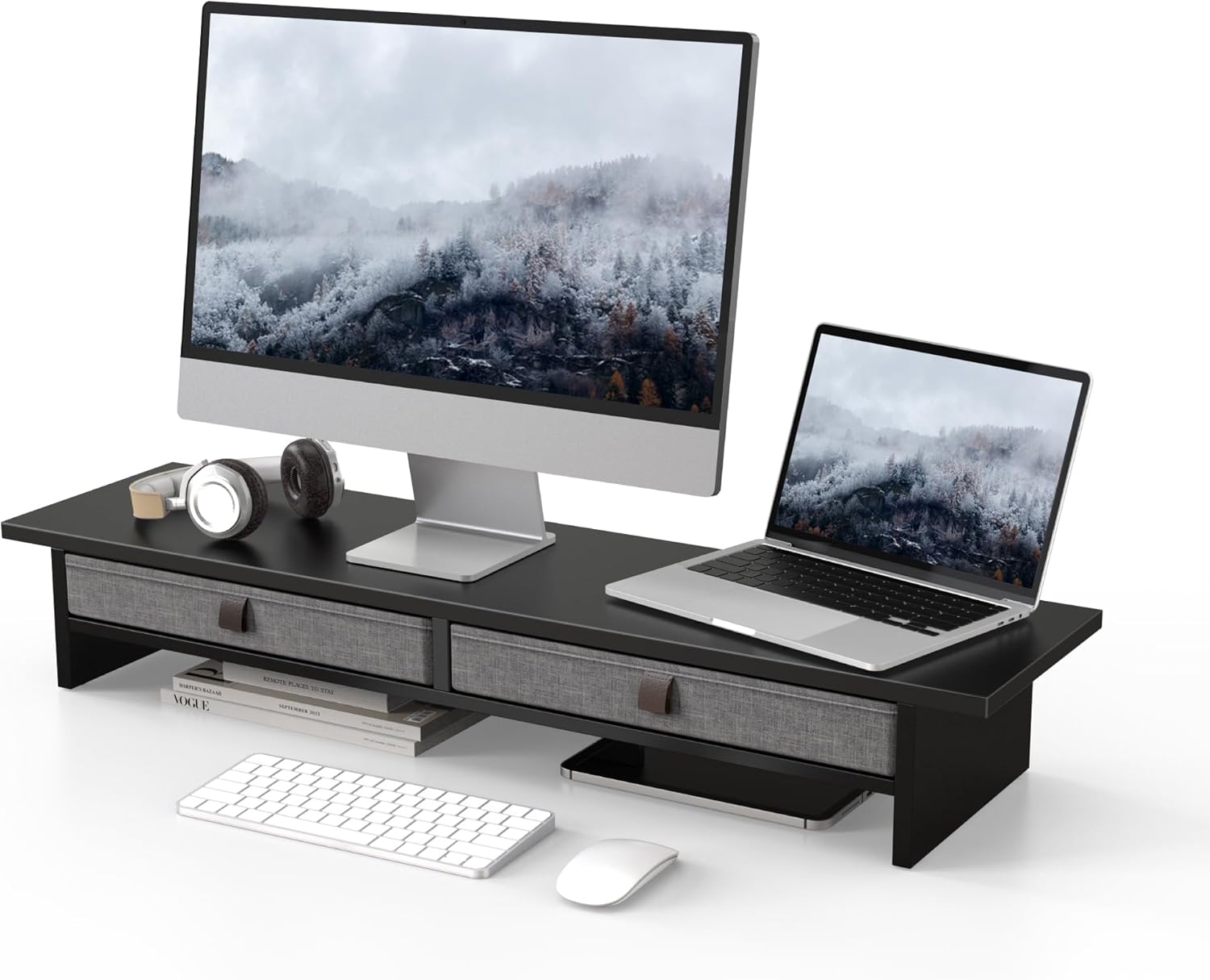 Fenge Monitor Stand with Drawer, 2 Tiers Dual Monitor Riser for Desk, 35 Inch Computer Stand for 2 Monitors, Desk Shelf for Home, Office, Laptop, PC, TV, Printer