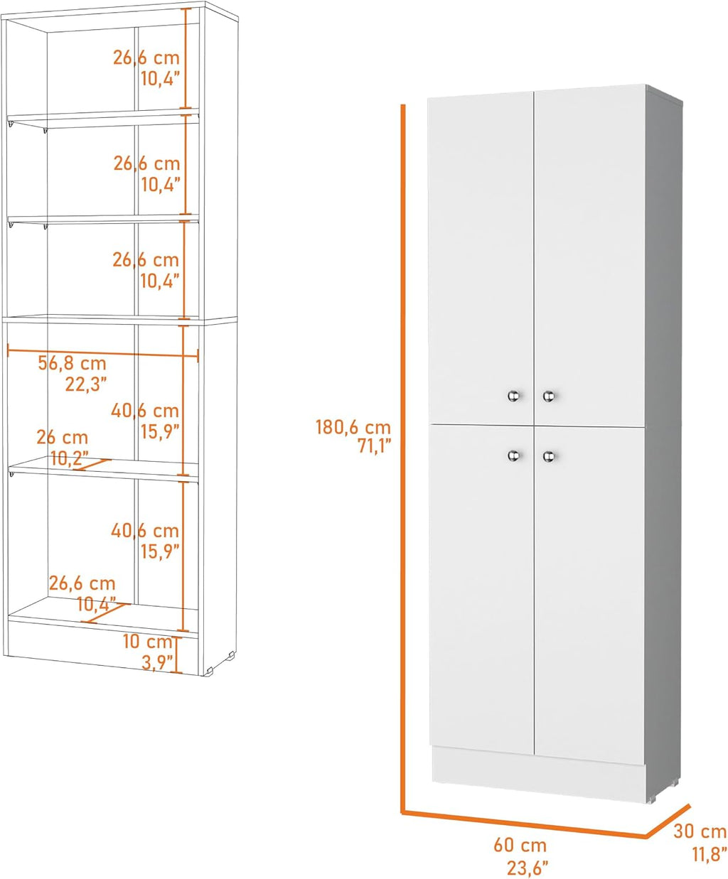 23.6" D*11.8" W*71.1" H Freestanding Kitchen Pantry with 4 Shelves, 2 Double Doors, Rectangular Storage Cabinet, Modern Minimalist, for Living Room, Dining Room, White