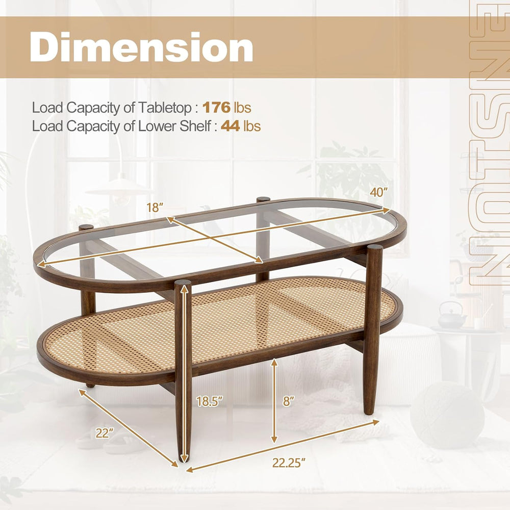 GIANTEX Rattan Coffee Table, 2-Tier Oval Acacia Wood Tea Table w/Tempered Gla...