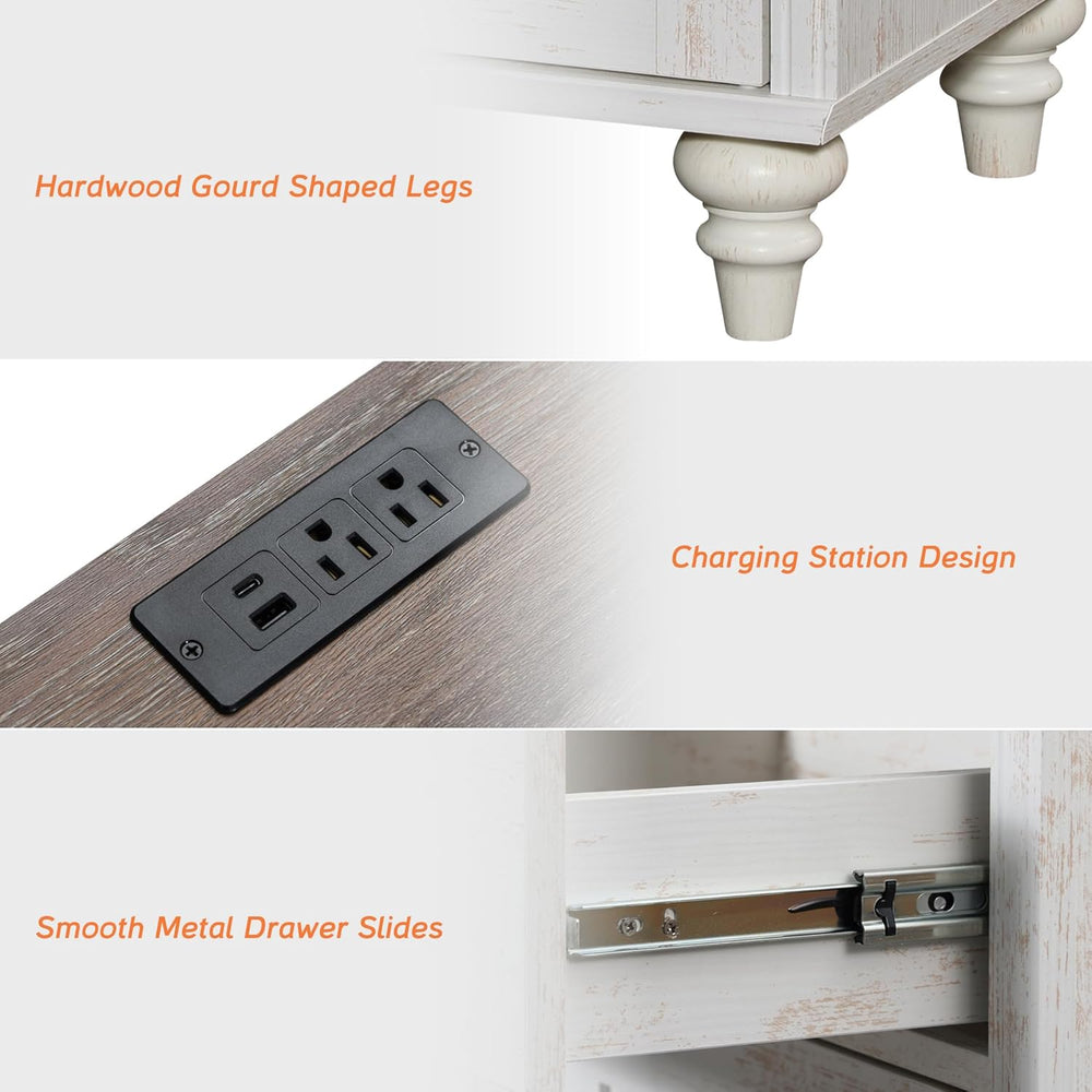 WAMPAT Set of 2 End Table with Charging Station, Wood Nightstands with Drawer...
