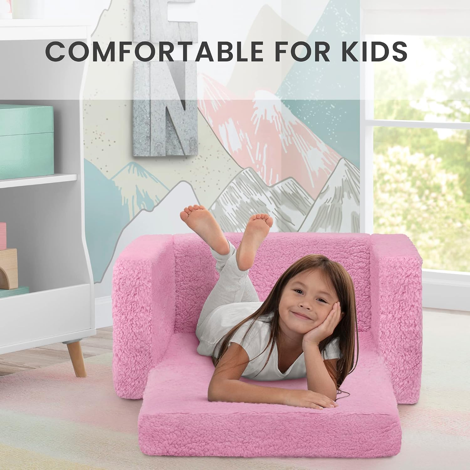 Delta Children Cozee Flip-Out Sherpa 2-in-1 Convertible Chair to Lounger for Kids, Pink