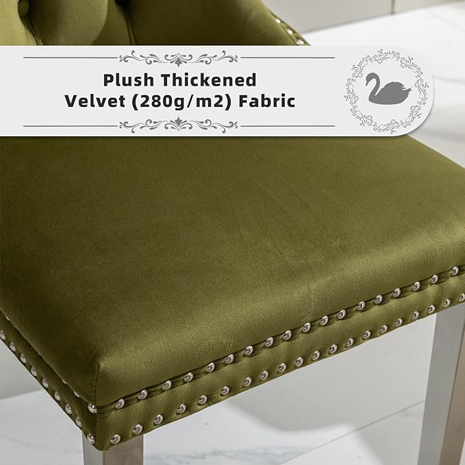 Velvet Upholstered Dining Chairs Set of 6, Modern Kitchen Side Chairs with Nailhead Trim and Silver Plated Leg, Metal Pulling Ring for Dining Room Living Room(Olive Green-Silver Plated Leg)