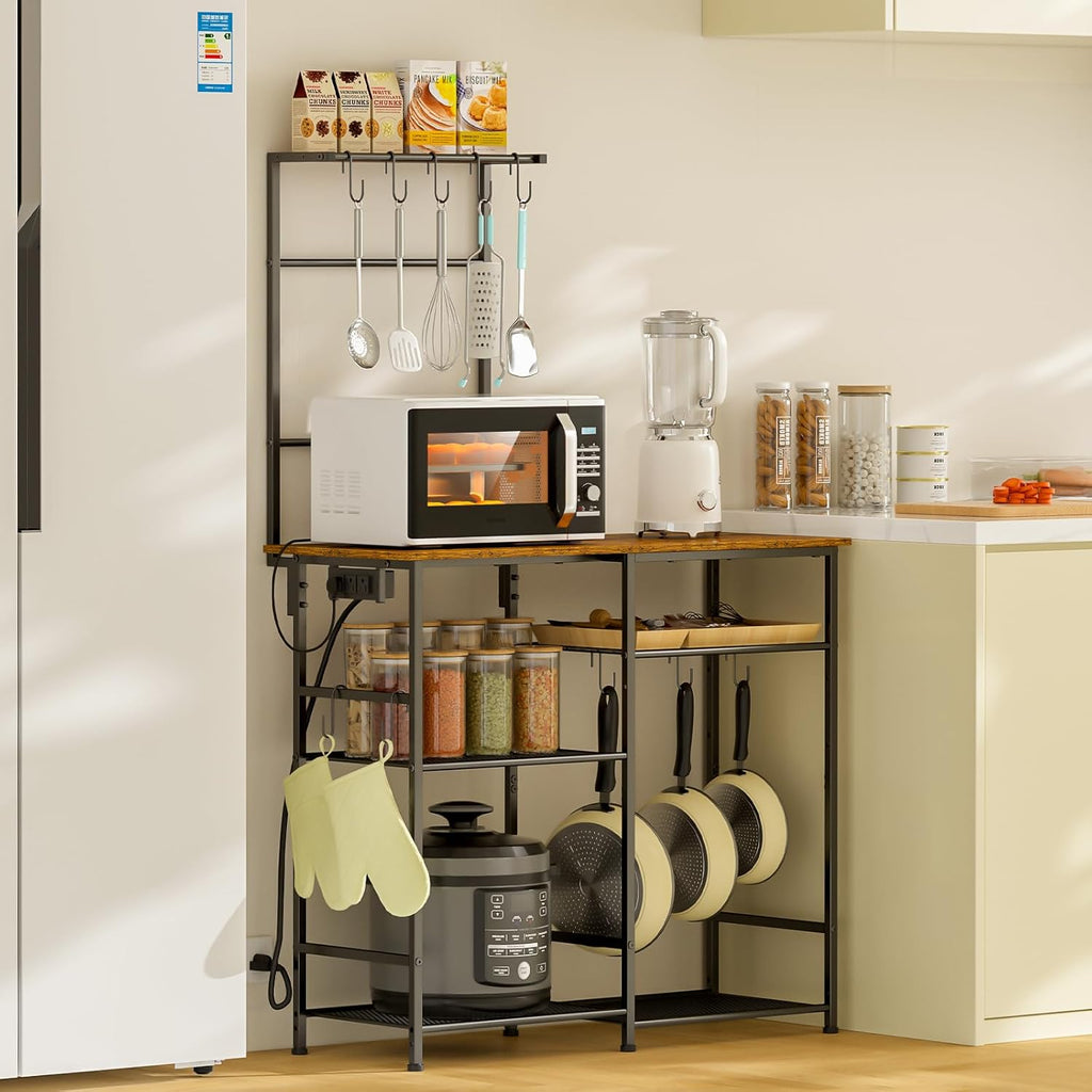 3IngSeagulls Bakers Rack with Power Outlet, Kitchen Microwave Stand with 10 S-shaped Hooks, 6-Tier Coffee Bar Station, Kitchen Storage Shelf Rack for Spices, Pots, Rustic Brown
