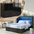 Mjkone 63.4" Width Queen Size Murphy Bed Cabinet with Tri-Folding Mattress Included, High Gloss MDF Storage Cabinet Guest Bed Chest Cabinets with 16 Colors of LED Lights for Home Offices, Black