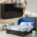 Mjkone 63.4" Width Queen Size Murphy Bed Cabinet with Tri-Folding Mattress Included, High Gloss MDF Storage Cabinet Guest Bed Chest Cabinets with 16 Colors of LED Lights for Home Offices, Black