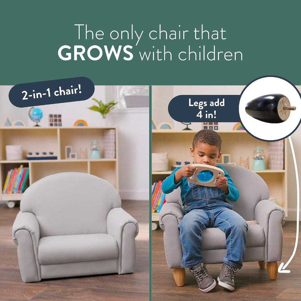 Children's Factory Upholstered Toddler Chair for Classroom, Chair, Gray | 2-in-1 Adjustible Height, Water-Resistant Vegan Leather Kids Chair, Flexible Seating Classroom Furniture, includes 4" Legs