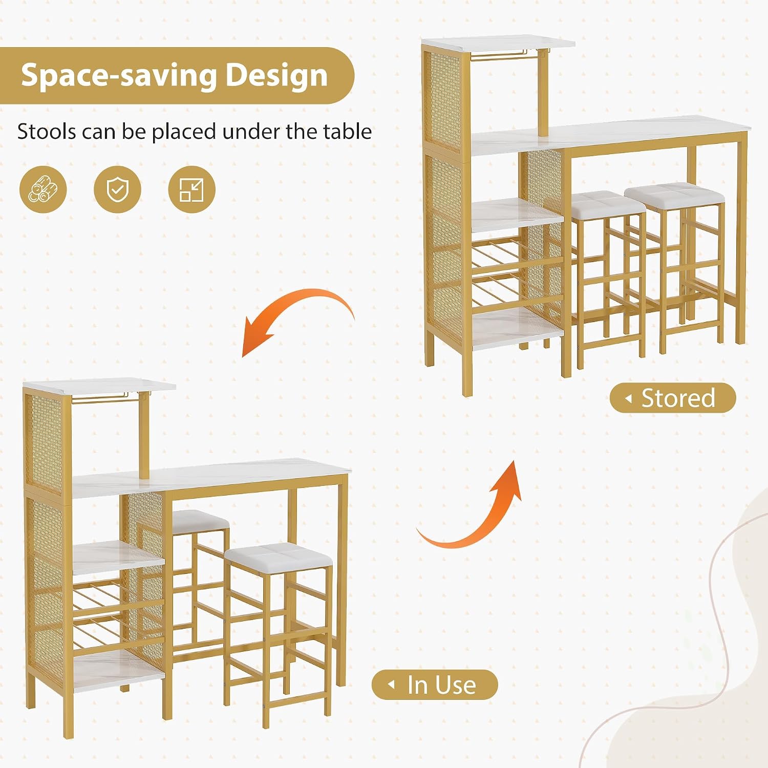 VECELO Bar Table and Chairs Set for 2, 3-Piece Dining Set with Storage Shelves, Cup Holder & Wine Rack, PU Leather Cushion Stools, for Kitchen Small Space