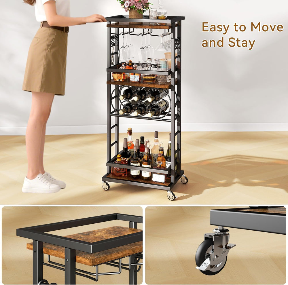 IBUYKE 4-Tier Wine Rack with Wheels,Bar Cart,Brown TMJ912H | Wine Car Cabinet...