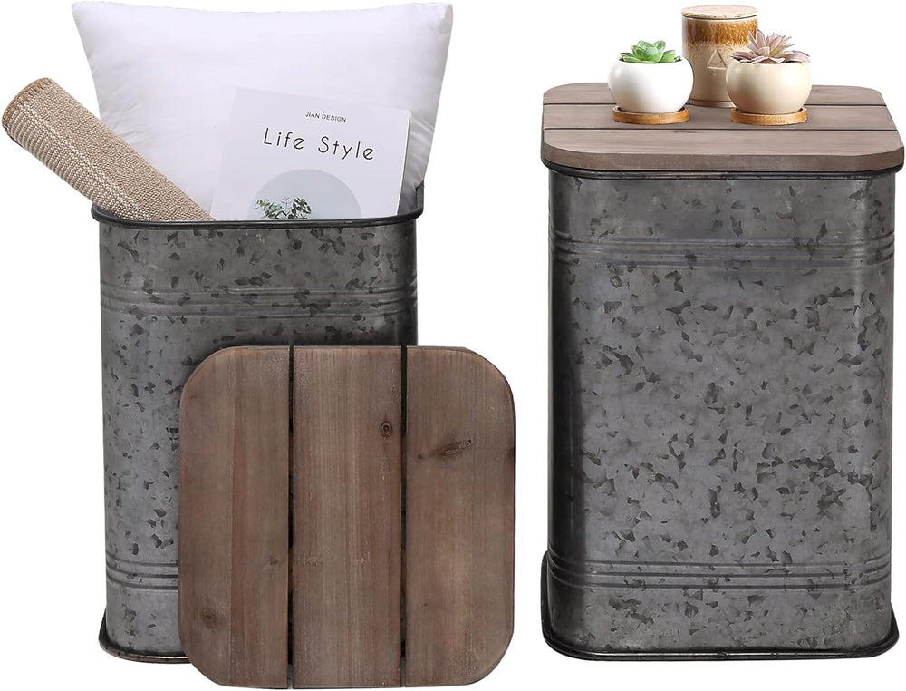 RUSTOWN Farmhouse Accent Side Table, Set of 2 Galvanized Storage Ottoman | An...