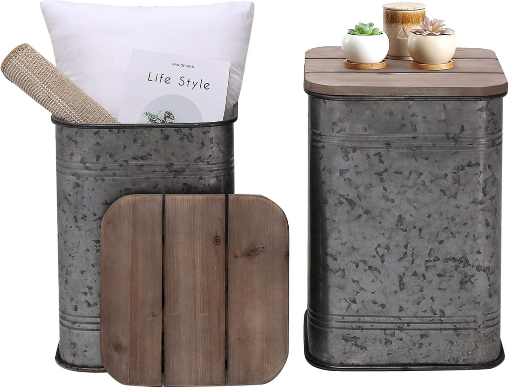 RUSTOWN Farmhouse Accent Side Table, Rustic Storage Ottoman Seat Stool, Galvanized Antique Metal End Table Box Bin with Square Wood Lid, Nesting Pieces Two (Square&Galvanized)
